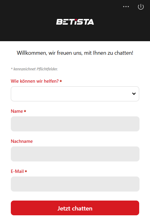 Betista Casino Live-Chat Support Formular mit Kontaktfeldern für Spieler