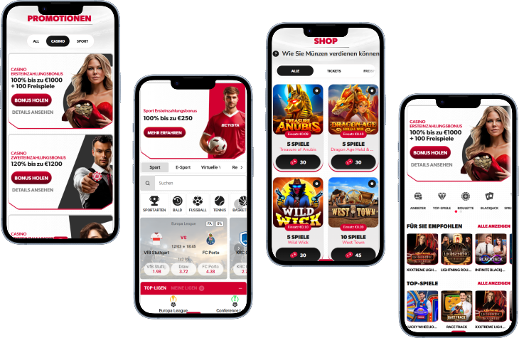 Betista Casino mobile Oberfläche mit Promotionen, Sportwetten und Slot Spielen