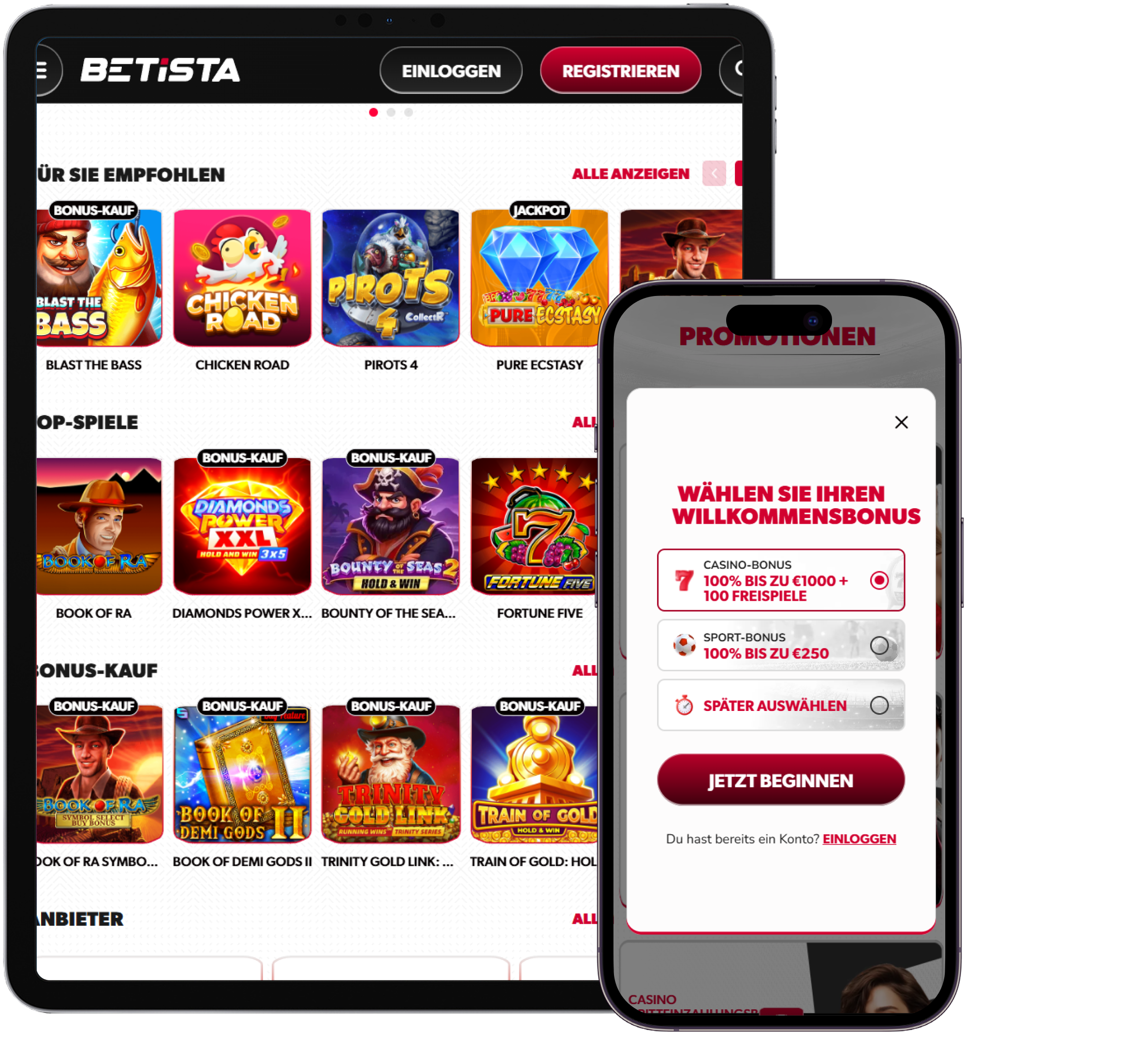 Betista Casino mobile Version mit Slot Spielen und Auswahl des Willkommensbonus