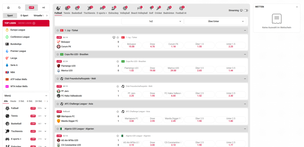 Betista Casino Sportwetten Bereich mit Live-Wetten, Fußballspielen und Wettquoten