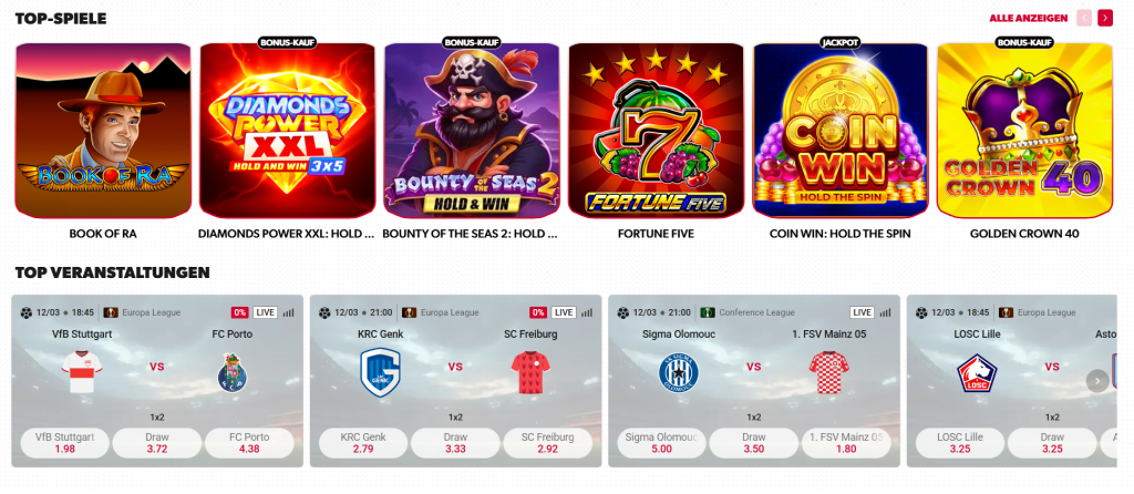 Betista Casino Top-Spiele Bereich mit Slots und Sportwetten Veranstaltungen