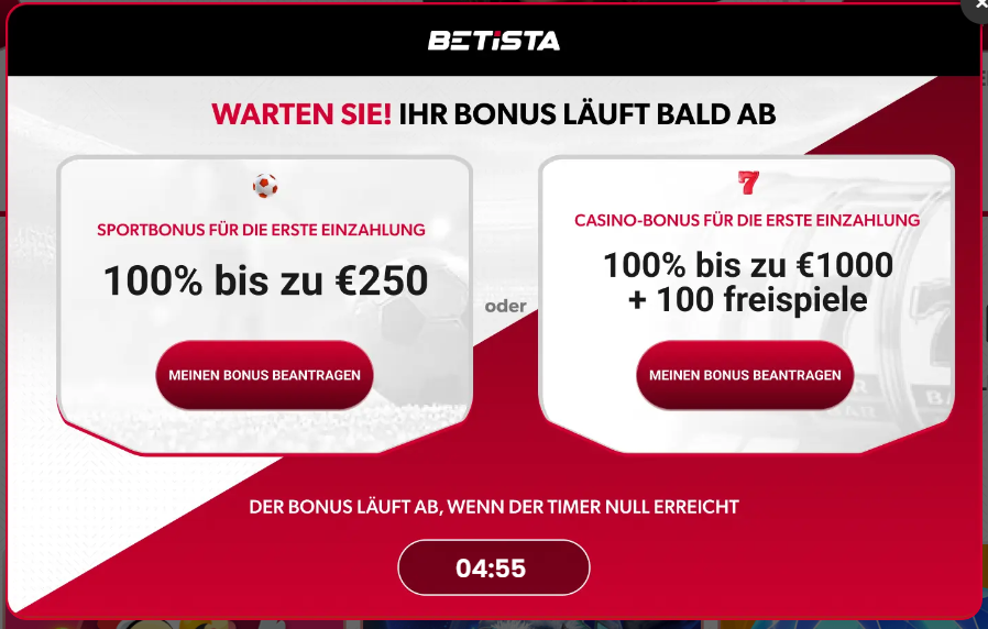 Betista Casino Popup mit Willkommensbonus für Sportwetten und Casino Freispiele